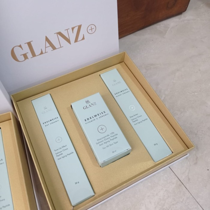 Paket Hemat Glanz+ Edelweiss Vit C Serum l Day Cream | Night Cream Krim Wajah Siang Malam KK Indones