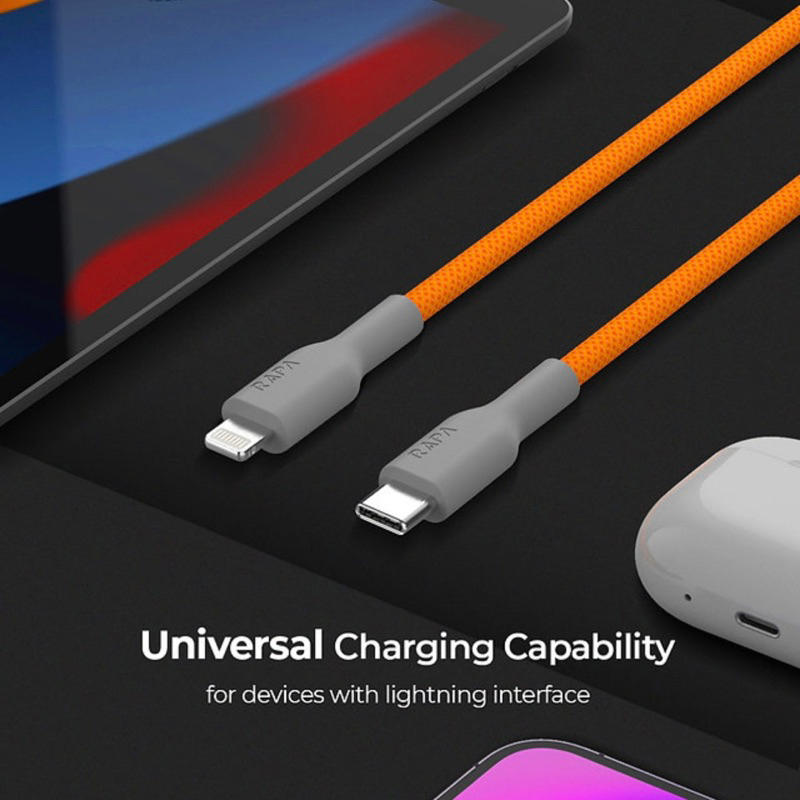 Original RAPAtech KABEL DATA USB TYPE C TO LIGHTNING NYLON PD SUPER FAST CHARGING 27W FOR iPhone 11 12 13 14 PRO MAX (Line Max l DC-2024)