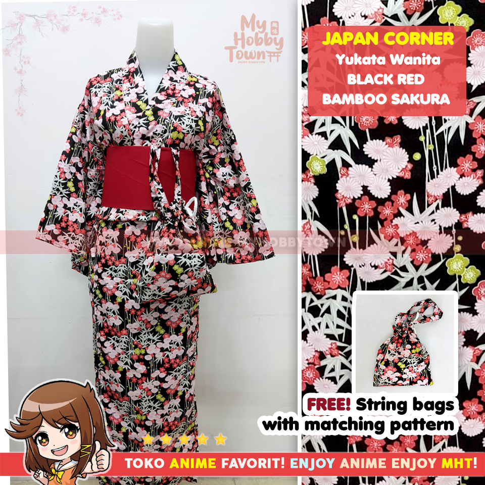 Yukata Kimono Wanita : Black Red Bamboo Sakura