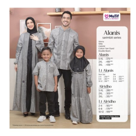 Couple Keluarga Mutif Al lanis Al ridho Grey Sarimbit Mutif Terbaru 2023 KoKo Dewasa Lengan Panjang