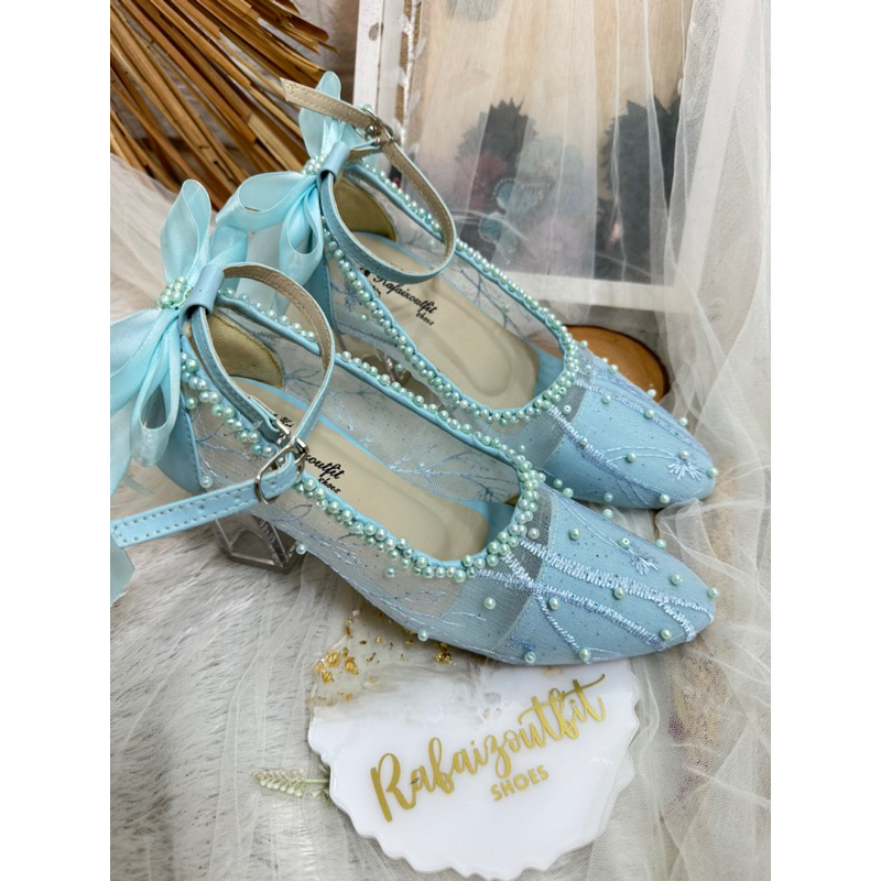 sepatu pesta jane wedding babyblue pita 7cm kaca