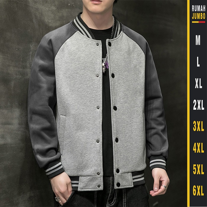 Jaket Bomber Varsity Grey Oversize XXL - 6XL Sweater Baseball Pria Wanita Jumbo Big Size