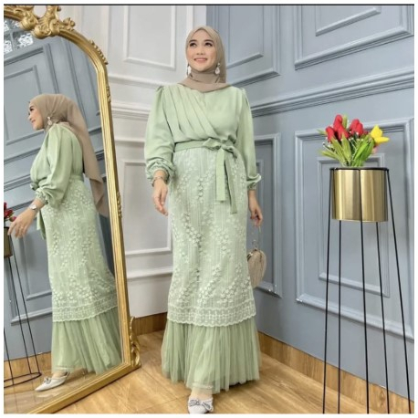 MAXY CANTIKA ORCHID FASHION PAKAIAN WANITA DRESS GAMIS MAXI BUSUI BAHAN SHAKLIA WARNA SAGE GREEN TRE