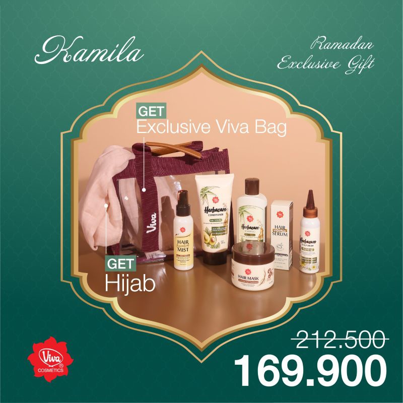 Paket 1 Herbacare Shampoo 1 Herbacare Conditioner 1 Herbacare Scalp Serum 1 Hair Essential Mist 1 Hair Mask 1 Hair Vitamin Serum1 Pcs Exclusive Bag + Hijab Viva cosmetics