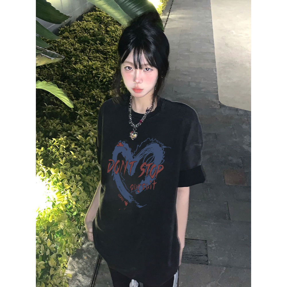 EUNII T-shirt Lengan Pendek Black Washed Vintage Blue Heart Printing Korean Style/Kaos Atasan Wanita/Baju Wanita/Kaos Wanita