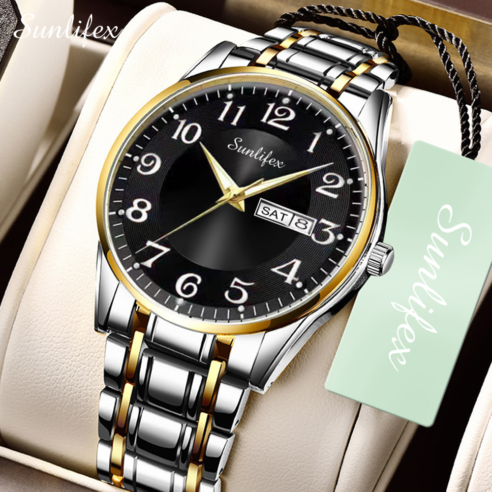 Sunlifex Jam Tangan Pria Anti Air Kuarsa Kalender Tali Stainless Steel Santai Mode Jam Tangan Cowok-GoldBlack
