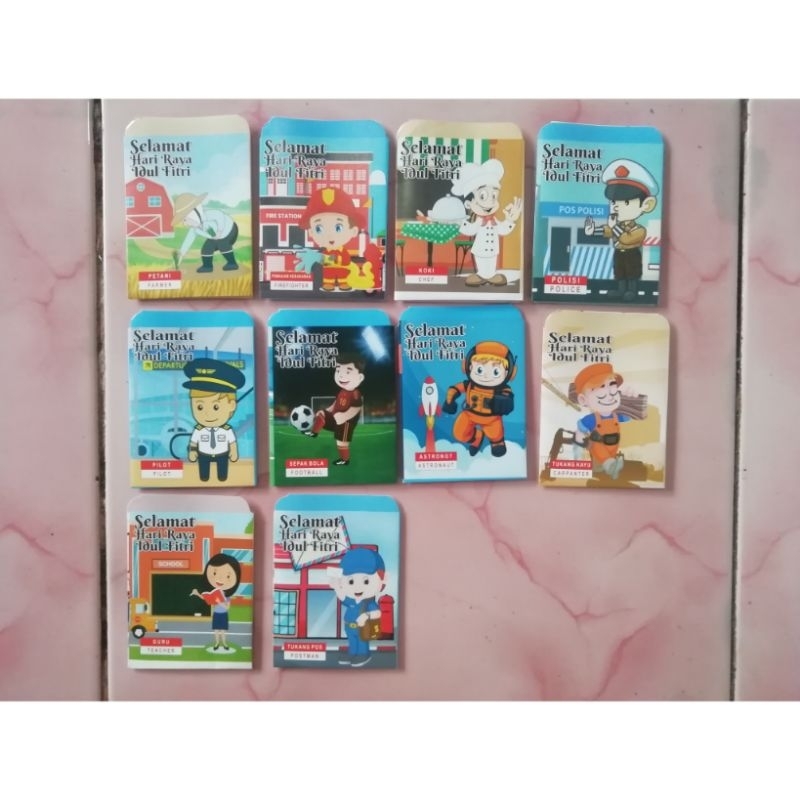 

1 pack isi 10 pcs Siap Pakai Amplop Lebaran Mini 5,7 x 9 cm Motif Profesi Bonus Plastik