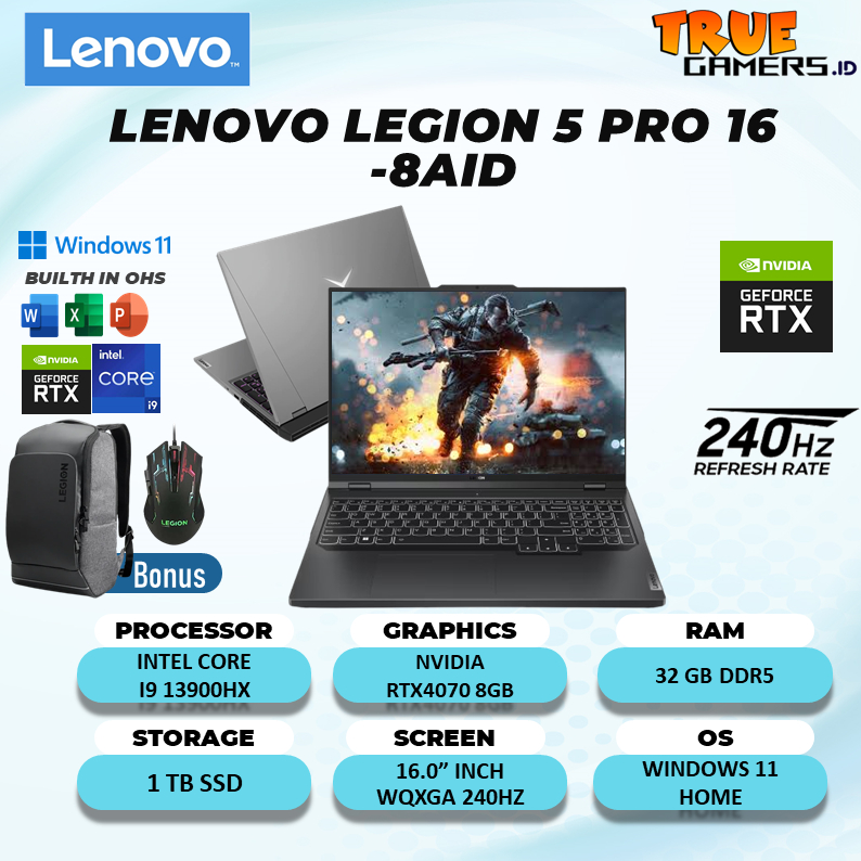 Laptop Gaming lenovo legion 5 PRO 16 RTX4070 8GB Intel I9 13900HX 16GB 1TBSSD W11+OHS 16.0WQXGA 240HZ HDR400 4ZRGB