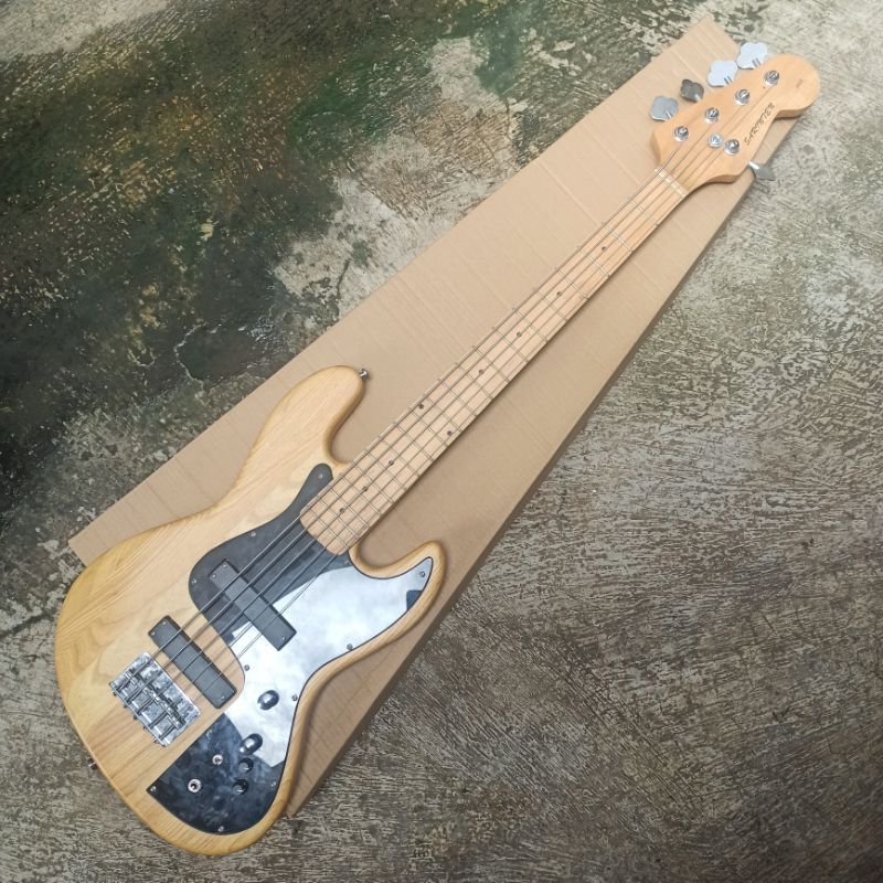 Bass Sarinten MM Aktiv 5 senar warna natural preamp amtech 9volt kayu ashwood bukan fender jazz bass