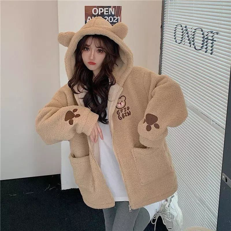 JAKET BULU BEAR CUTE BORDIR OVERSIZE WANITA KOREAN STYLE - JAKET SHERVA