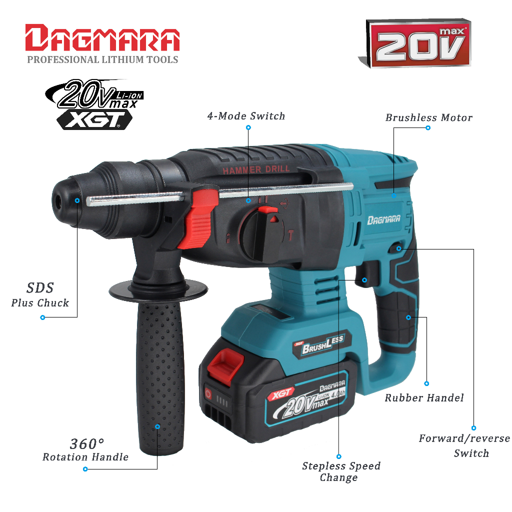 Dagmara Powerful 20V Max Electric Hammer Cordless 3 Function Impact Rotary Impact Drill