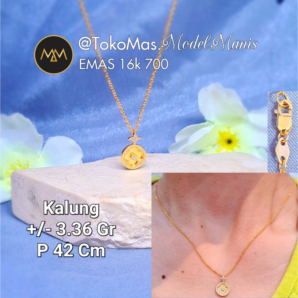 Kalung + liontin koin clover emas kuning 700 kadar 16k