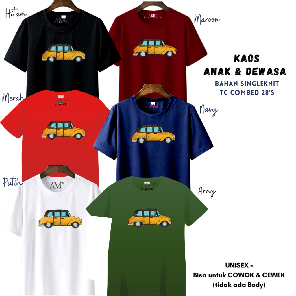 KAOS ANAK COWOK 3-12 tahun - Remaja - XXXL Dewasa TC Combed 28's &quot;MOBIL&quot; 12WARNA