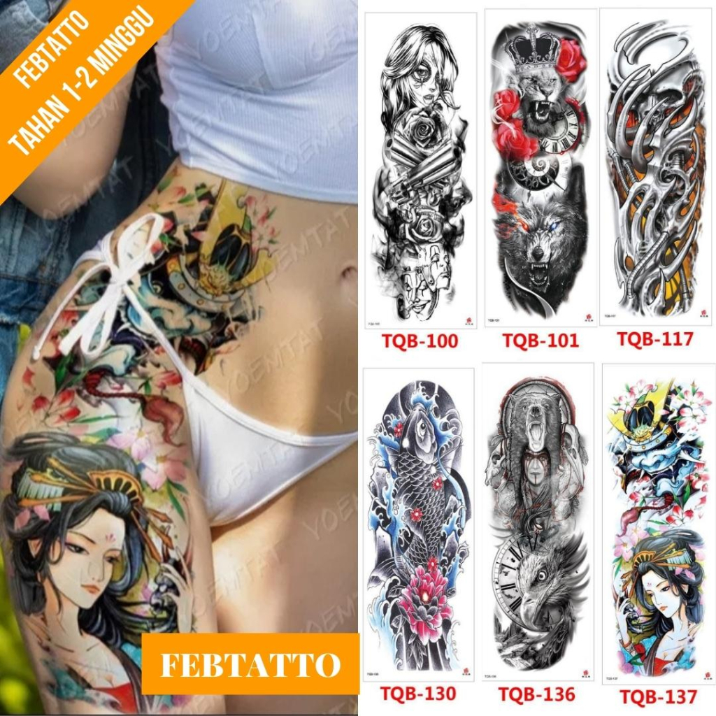 Tato Temporer Full Lengan Ukuran 17cm x 48cm Motif Wanita Cantik Bunga Gheisya TQB 137 Tato Lengan T