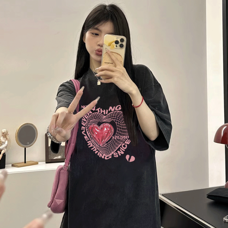 Print Washed T-shirt Kaos Lengan Pendek Oversize Vintage Pink Heart Korean Style Atasan Wanita