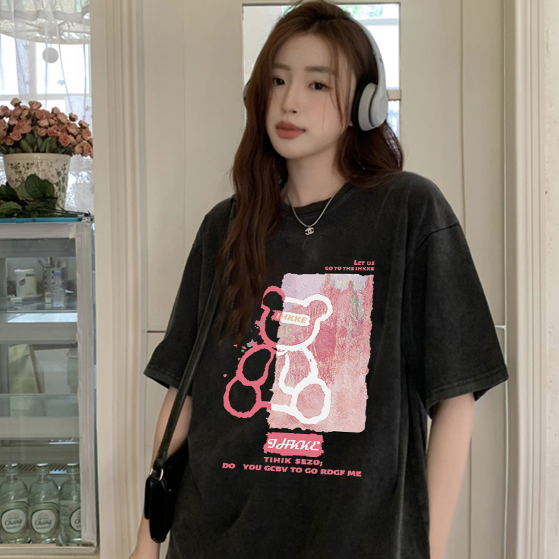 Print Washed T-shirt Kaos Lengan Pendek Oversize Hitam Vintage Plush Bear Korean Style Atasan Wanita