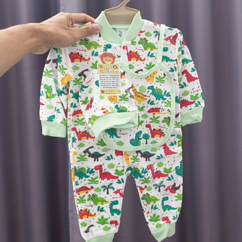 1 Set Jumper Bayi E77 SNI 0-9 Bulan + Topi + Celemek | Jumper Anti Alergi Baju Kodok Bayi Panjang