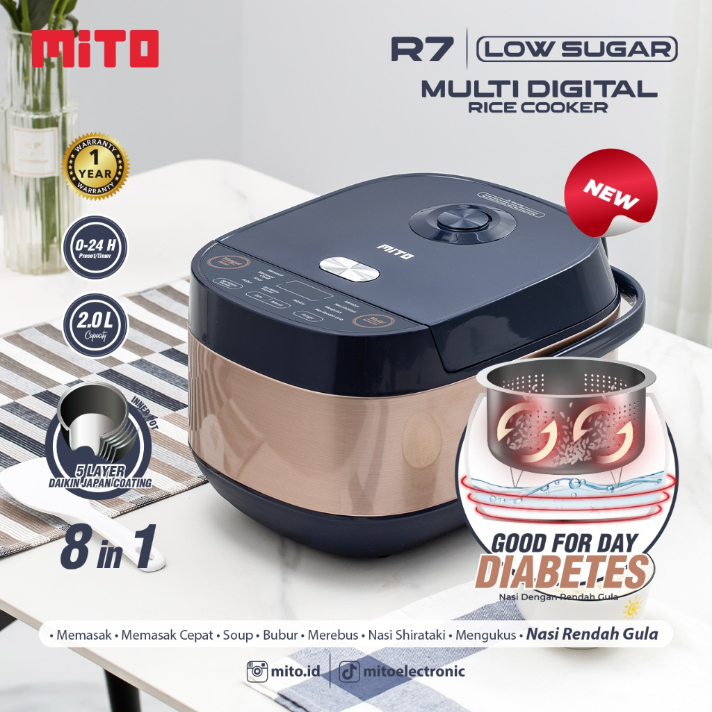 MITO NEW R7 GLOW 2L DIGITAL RICE COOKER LOW CARBO RENDAH GULA BLACK GOLD DAN SILVER BLUE  DESKRIPSI R7  Mito R7 Glow