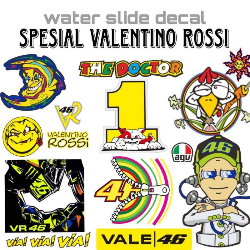 Cetak water slide decal spesial Valentino Rossi untuk racing motor helm dll
