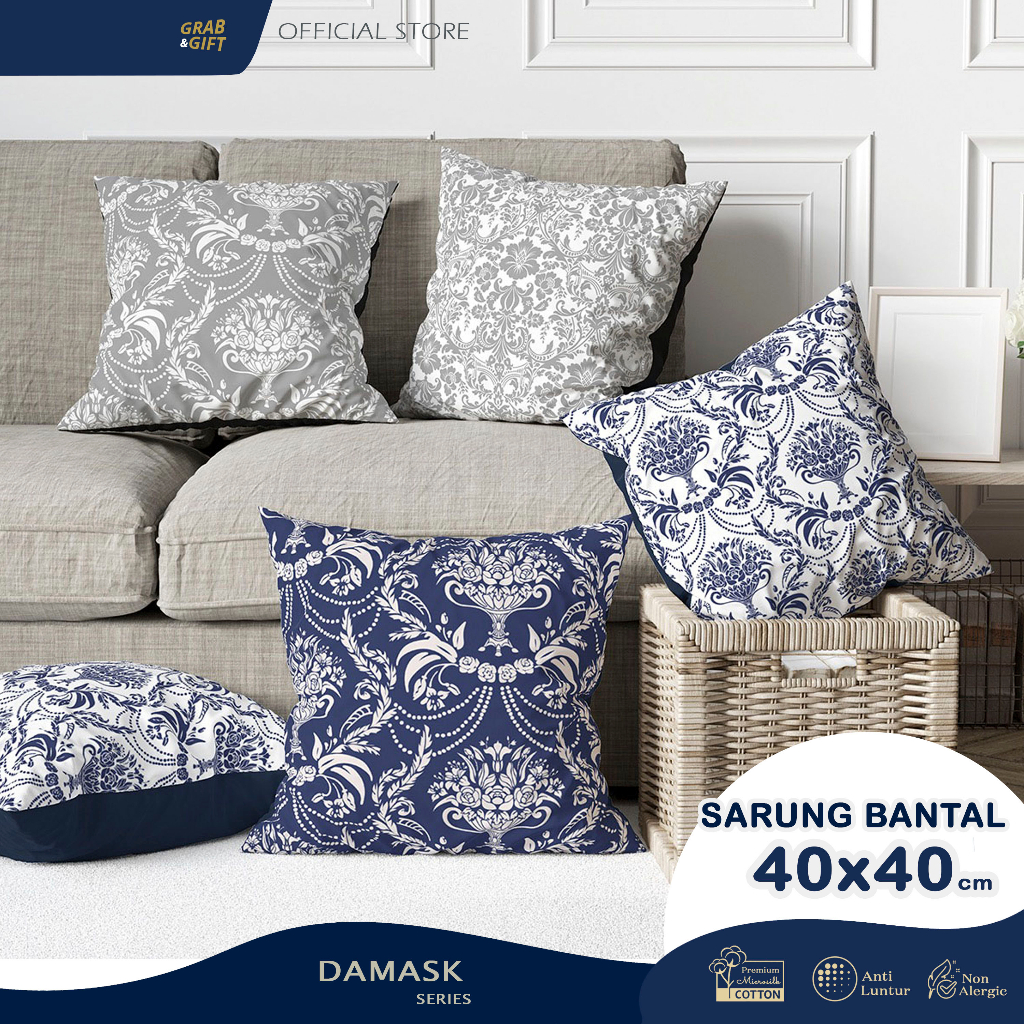 SARUNG Bantal Sofa Print 40x40 cm Damask Abstrak Biru Abu Blue Grey