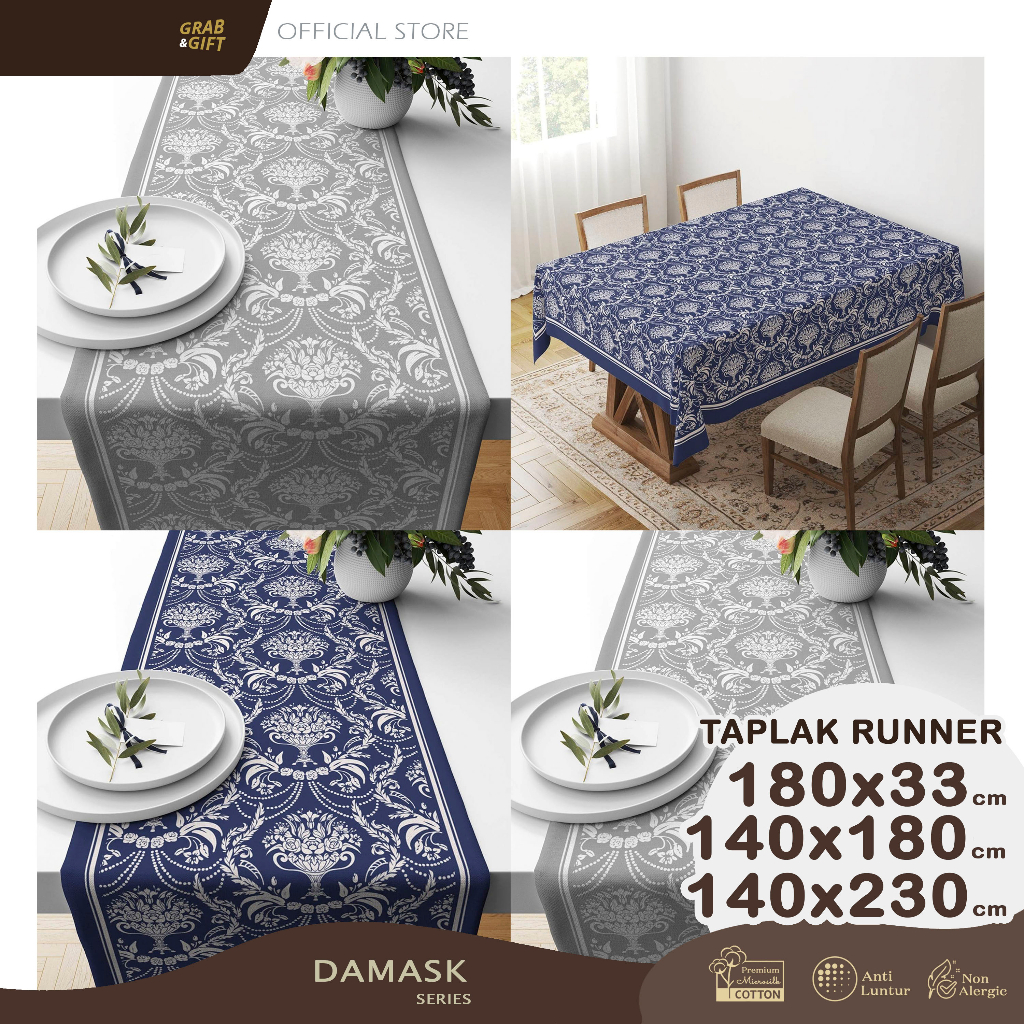 Table Runner / Taplak Meja Damask Blue Grey 180x33 140x180 140x230 cm Abu Biru