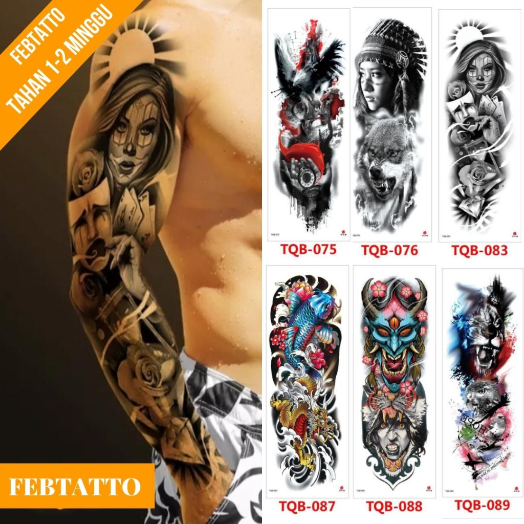 Tato Temporer Full Lengan Ukuran 17cm x 48cm Motif Wanita Kartu Bertopeng TQB 083 Tato Lengan Tato D