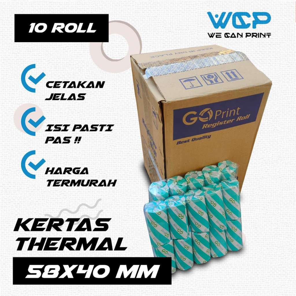 

1 Pack ( 10 Roll ) Kertas Struk Kasir 58x40 mm Thermal Paper Roll 58 x 40 mm GO PRINT