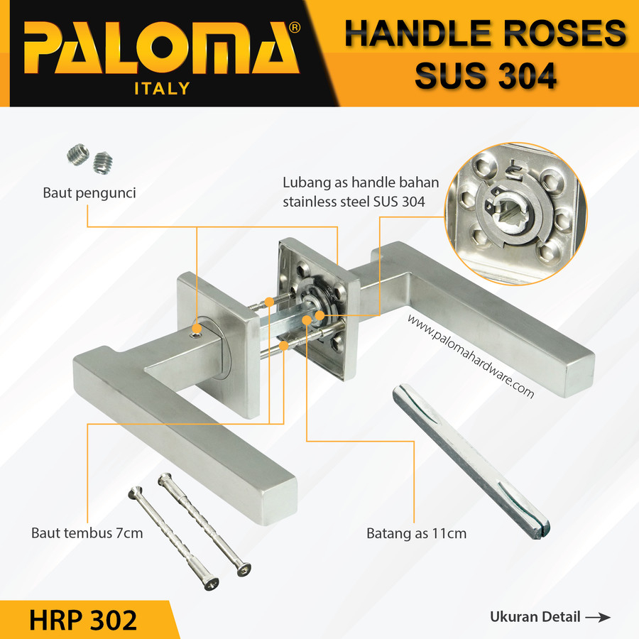 Handle Pintu Roses PALOMA HRP 302 LHT LAZIO SQ STAINLESS STEEL SUS 304