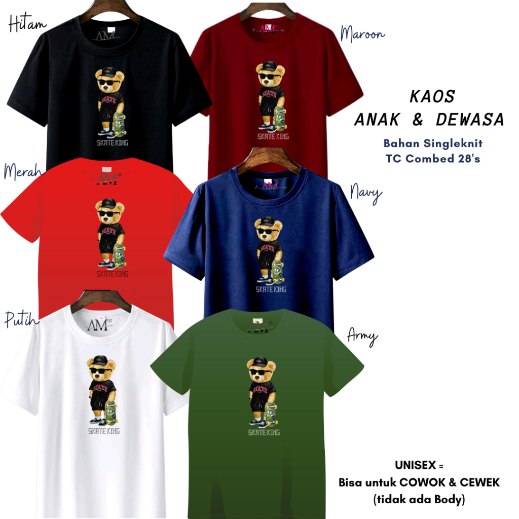 KAOS ANAK COWOK 3-12 TAHUN - REMAJA - DEWASA BAJU BEAR SKATE KING 12warna