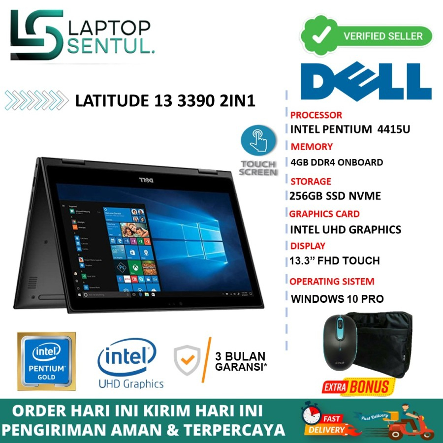 PROMO Laptop Dell Latitude 13 3390 2in1 Pentium 4415U 8GB 256GB FHD Touch Win10Pro Bergaransi