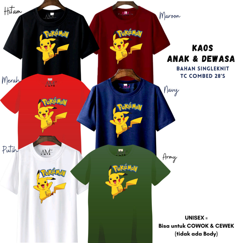 Kaos Anak Cowok 3-12 tahun - Remaja - Dewasa Jumbo Poke Mon Pika Chu