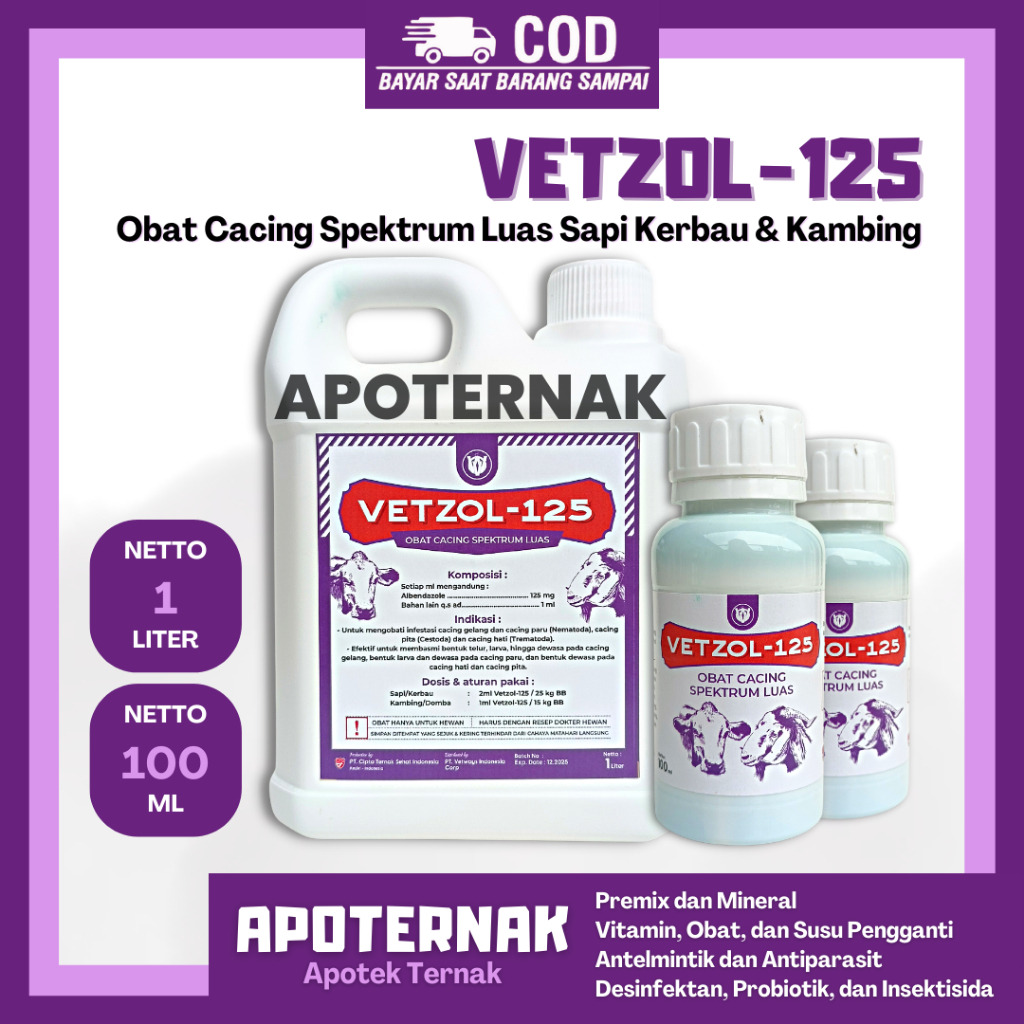 VETZOL 125 100 ml | Obat Cacing Hewan Sapi Kambing Domba Babi Ayam | Obat Cacing Spektrum Luas