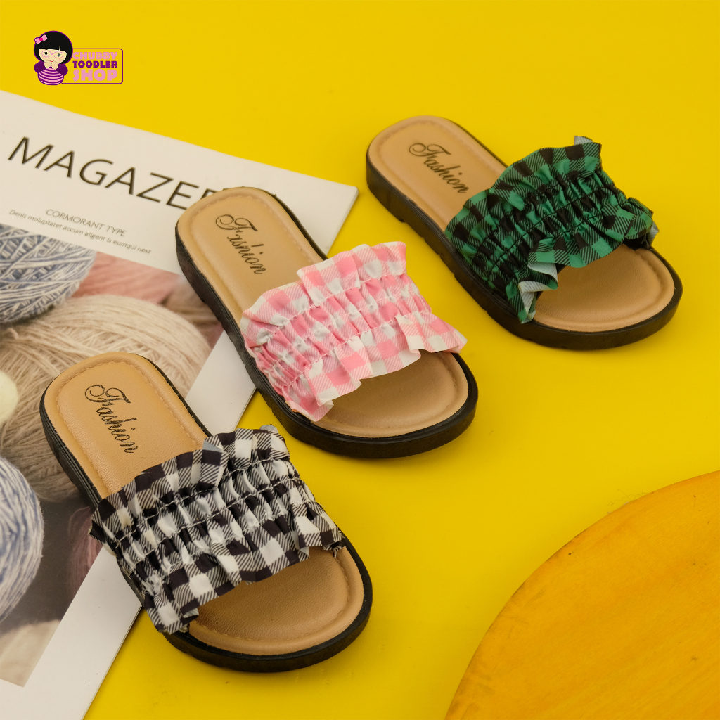 littlekiddoss SH2233 Sandal Anak Perempuan Import Sendal Anak Cewek Kotak-Kotak Renda Size 24-35