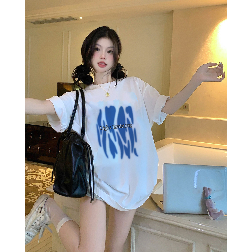 EUNII T-shirt Lengan Pendek Retro Blue Heart Korean Style/Kaos Atasan Wanita/Baju Kaus Oversize Wanita/Kaos Wanita