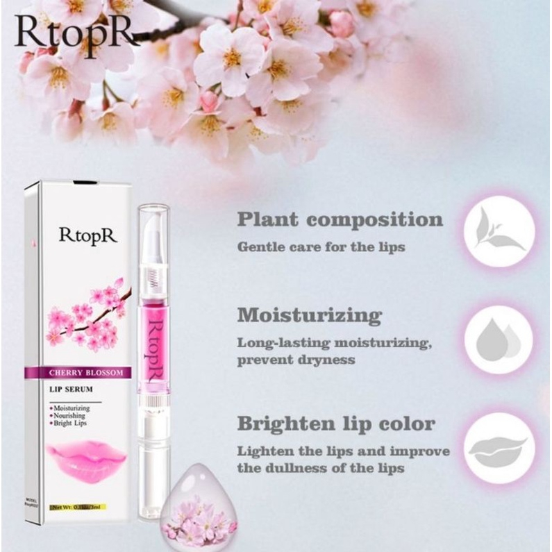 RTOPR CHERRY BLOSSOM LIP SERUM SERUM BIBIR EKSTRAK TANAMAN BUNGA SAKURA MELEMBABKAN MENCERAHKAN BIBIR-3ml