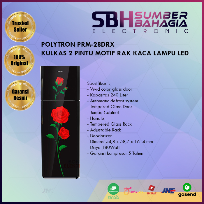 POLYTRON PRM-28DRX KULKAS 2 PINTU MOTIF RAK KACA LAMPU LED (NEW)