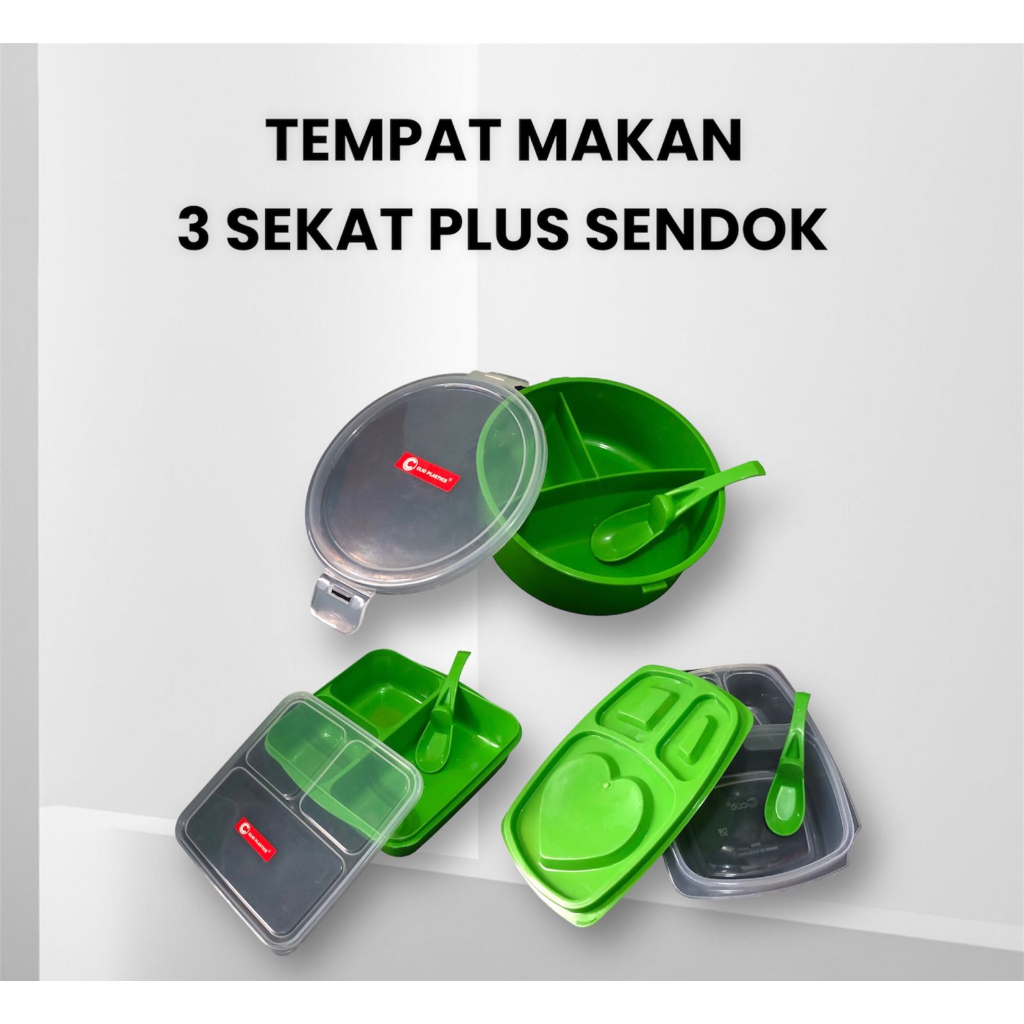 TEMPAT MAKAN / LUNCH BOX MODEL  3 SEKAT + SENDOK - VARIAN 3 BENTUK  - CLIO PLASTICS - FOOD GRADE