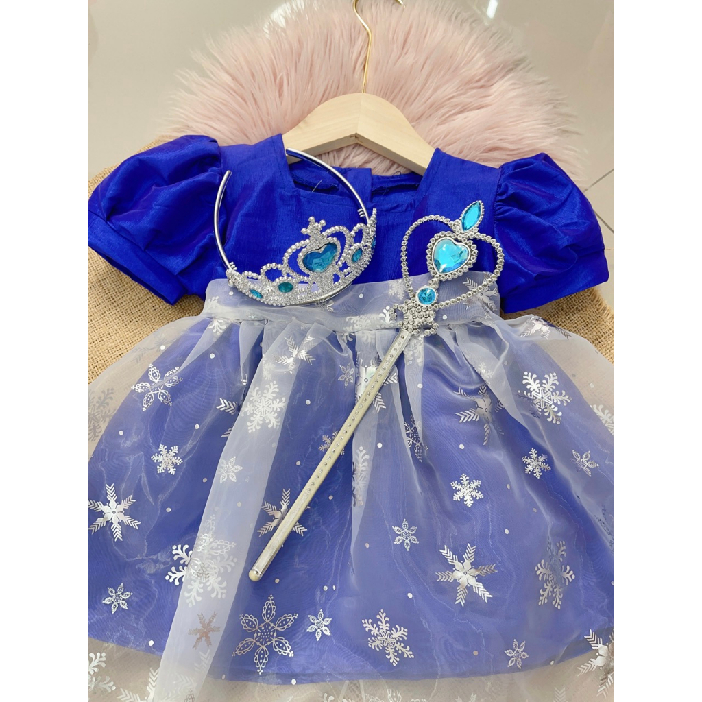 Dress Import Anak BIru Tua Pita Snowflake (Gratis Crown Set)