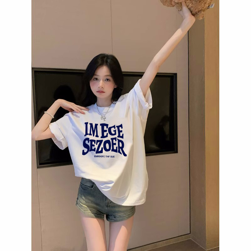 EUNII T-shirt Lengan Pendek Retro Biru English Korean Style/Kaos Atasan Wanita/Baju Kaus Oversize Wanita/Kaos Wanita