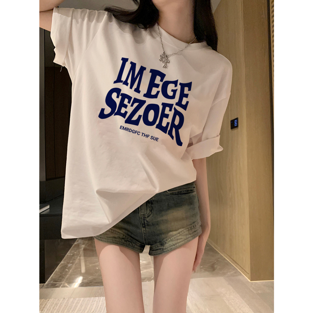 EUNII T-shirt Lengan Pendek Retro Biru English Korean Style/Kaos Atasan Wanita/Baju Kaus Oversize Wanita/Kaos Wanita