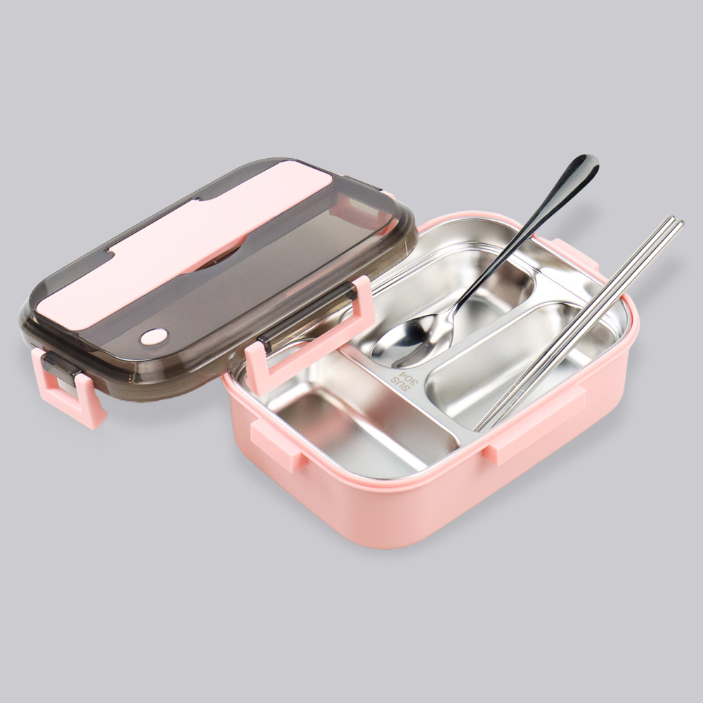 Kotak Makan Insulasi Leak Proof Stainless Steel Lunch Box 3 Grid - UP3 - Pink