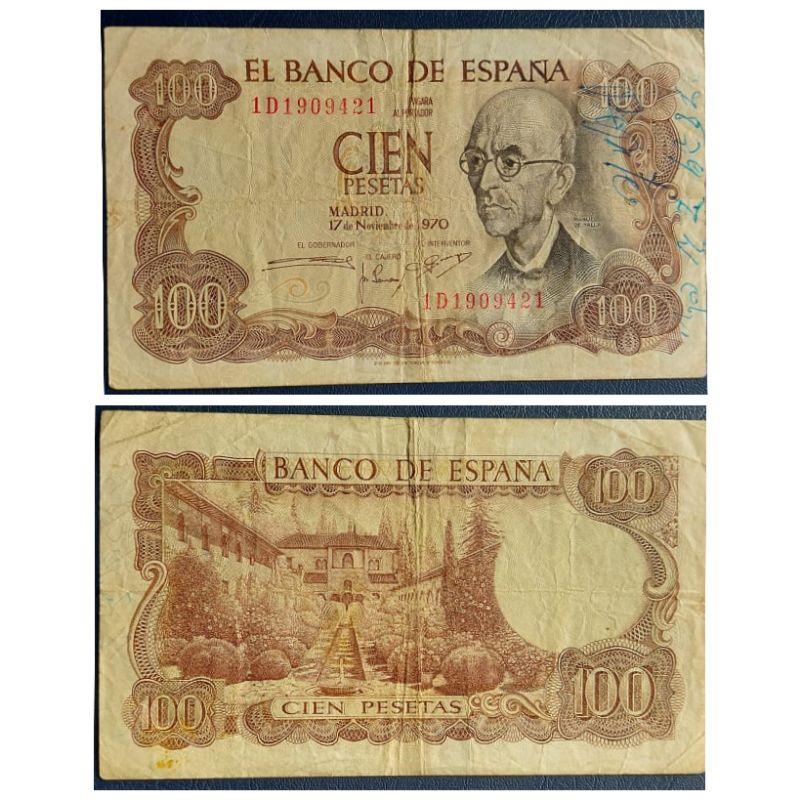 Uang kuno Negara Espana spanyol 100 Pesetas Tahun 1970 Kondisi AXF RENYAH Sedikit Coretan original 1