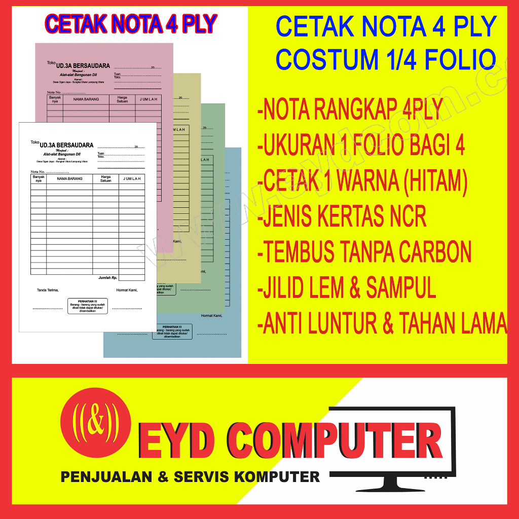 

CETAK NOTA 4 PLY 1 FOLIO BAGI 4 KERTAS NCR COSTUM ISI NOTA RANGKAP CEK BON KWITANSI SURAT JALAN