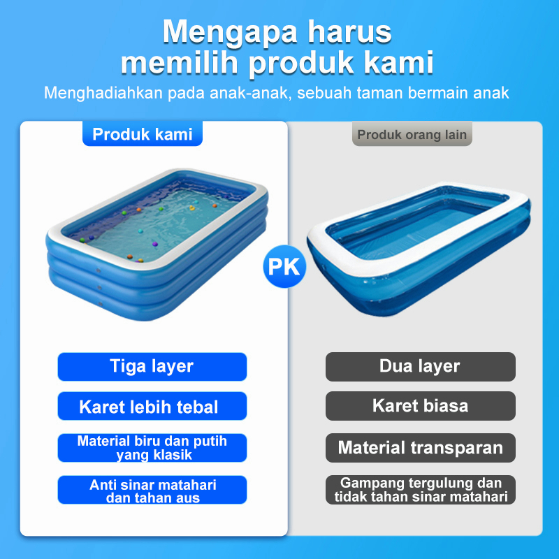 【3 ring】kolam renang anak jumbo 2.6 meters /Kolam renang tiup karet persegi panjang/Large children's swimming pool