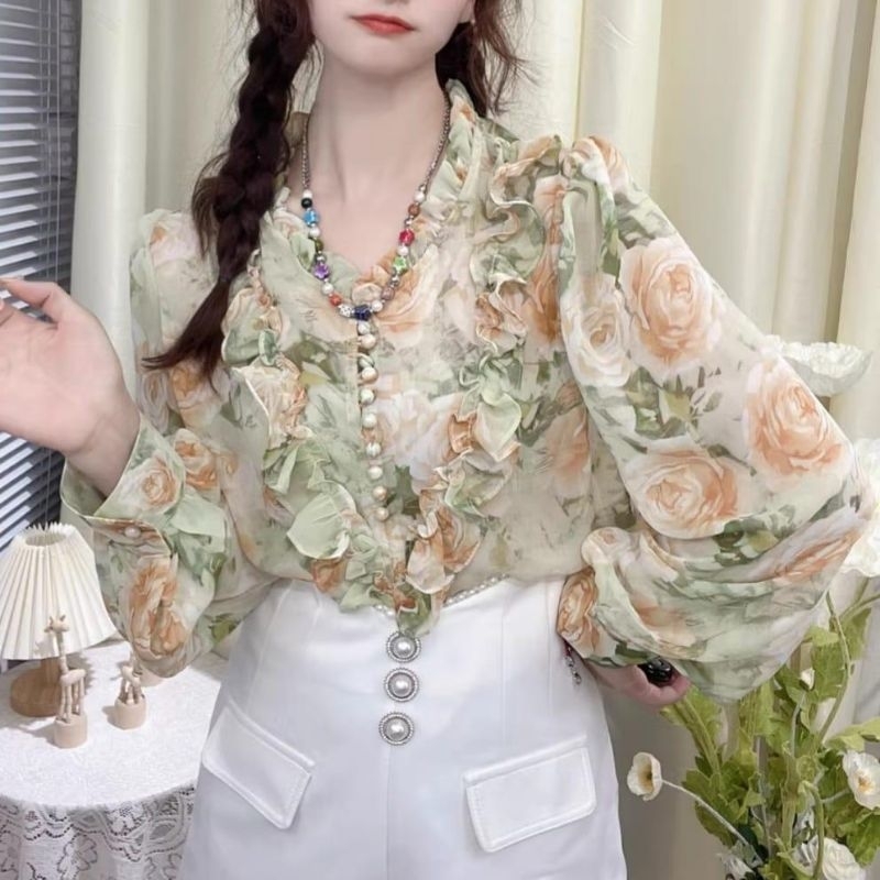 MDLV ~ 7700# Soyya Raffled Blouse Flower korea