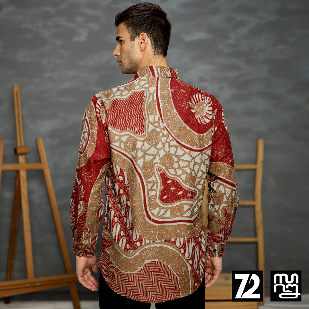 KEMEJA BATIK PRIA LENGAN PANJANG Kemeja Dobby Slimfit Motif Parang Roll Warna Merah Maroon 723160 Cap 72 - Baju Kemeja Atasan Pakaian Setelan Batik Pria Cowok Laki Laki Remaja Keluarga Kantor Lengan Panjang Modern Slimfit Slim Fit Premium Kekinian