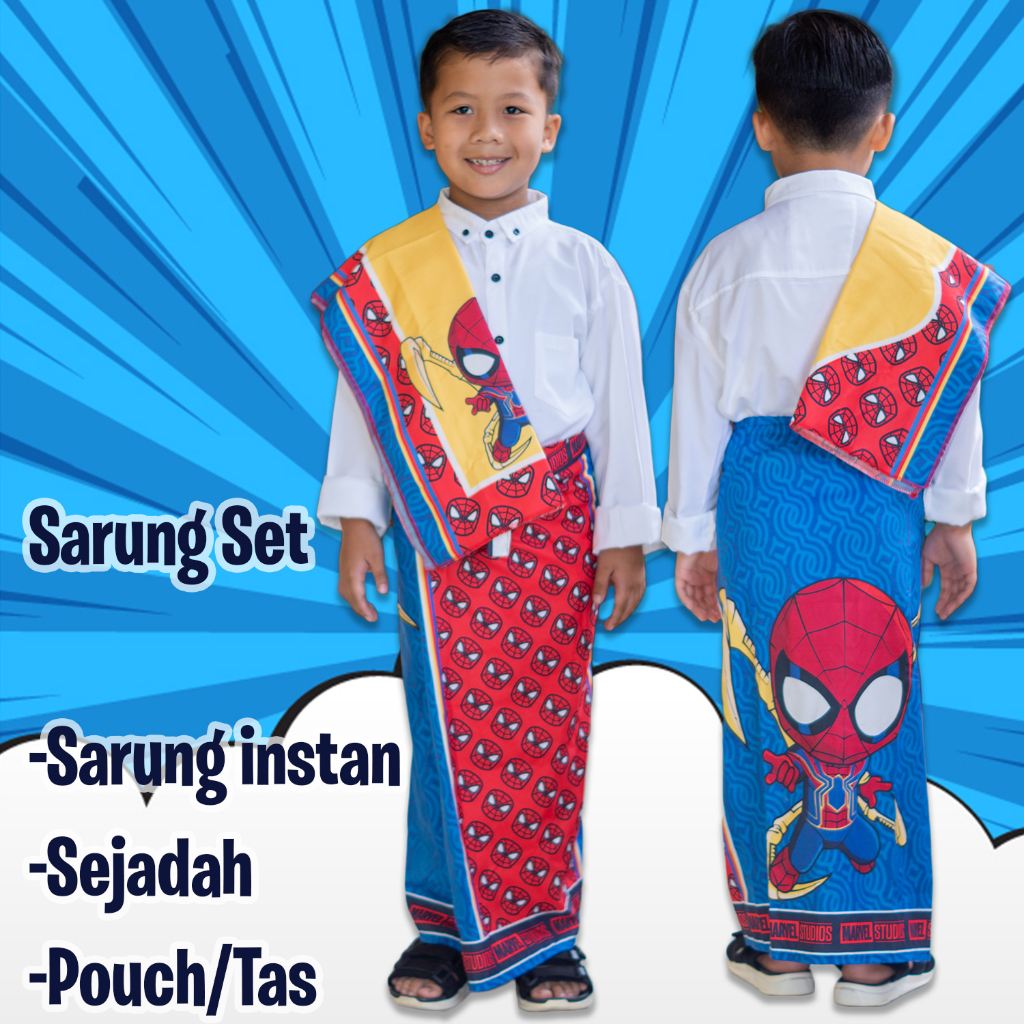 Sarung instan set sajadah anak karakter/Sarung Anak Instan Karakter Unik - Spiderman &amp; Captain America - Sarung Anak Bahan Katun-Sarung Anak Instan, Sarung Sunat, Sarung Anak Laki-Laki Motif Karakter Kartun Usia Maksimal 8thn