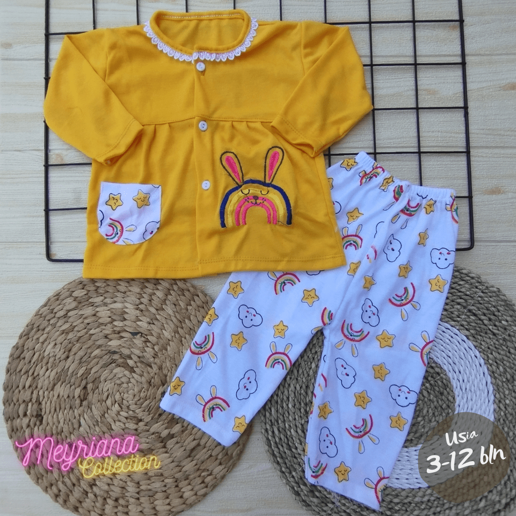 Baju Celana Setelan Piyama Bayi Perempuan Kancing Depan Baju Bayi Lengan Pendek Celana Panjang Usia 3-12 Bulan Motif Rainbow Karatkter Lucu Pelangi Baju Tidur Bayi Cewe 6-12 Bulan Meyriana Collection