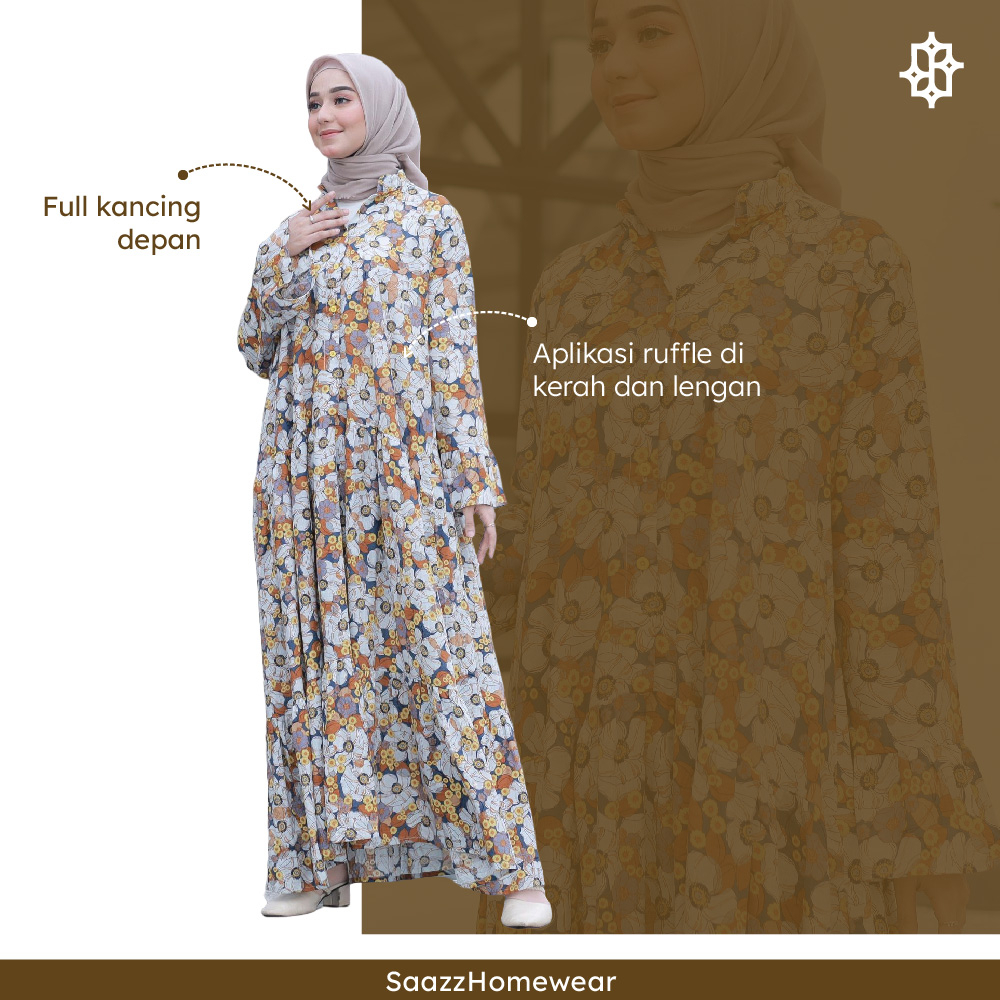 SAAZZ Nirty Blue Ruffle Gamis Bunga Bunga Baju Muslim Wanita Kekinian Terbaru Terlaris-2