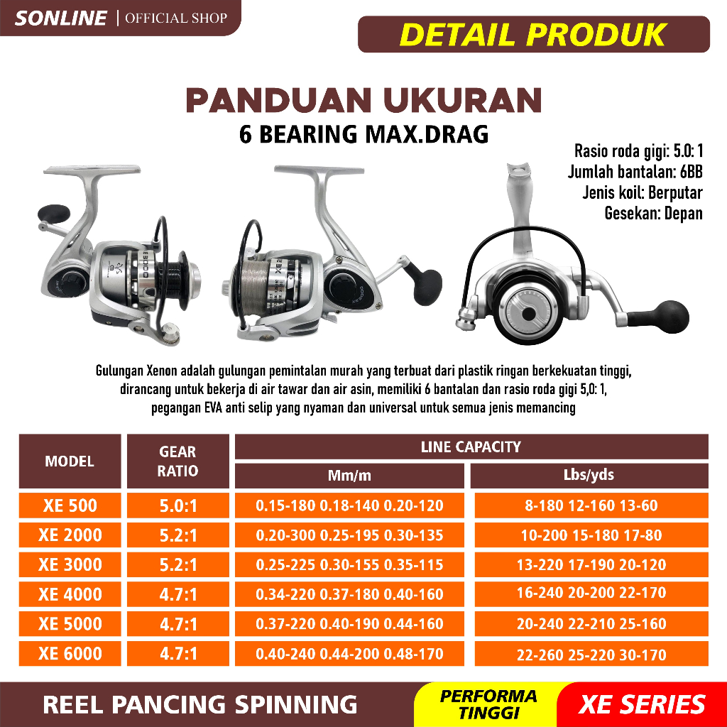 SONLINE- Reel Pancing Reel Pancing XE Series 500-6000 Katrol Kerekan Pancing Fishing Reel Spool Metal Aluminium